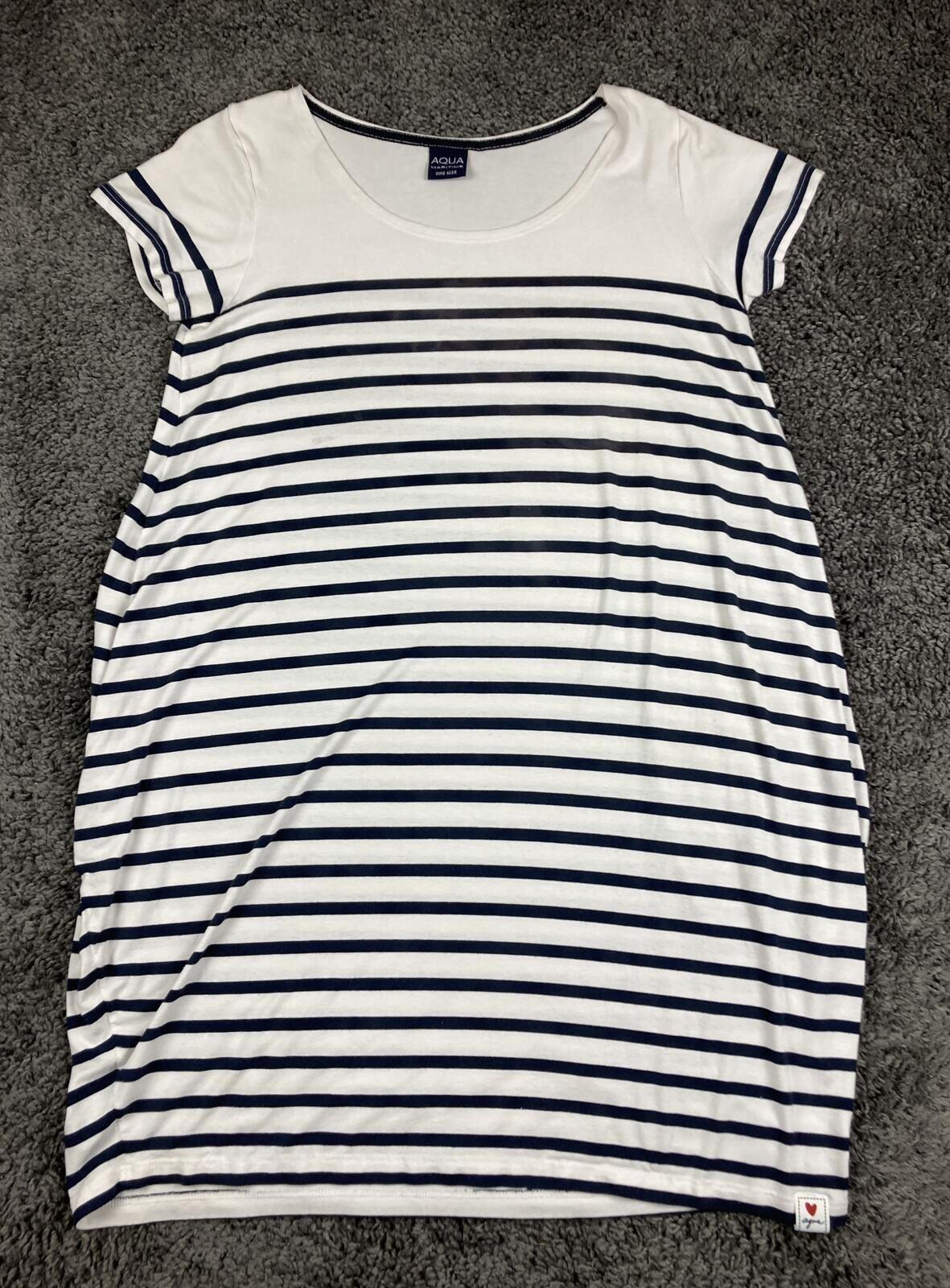 Aqua Maritime Striped T-Shirt Dress White Navy Blue Nautical Stretch Sz One Size