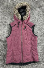 prAna Calla Wool Hooded Vest Womens Burgundy Quilted Faux Fur Trim Full Zip Sz M