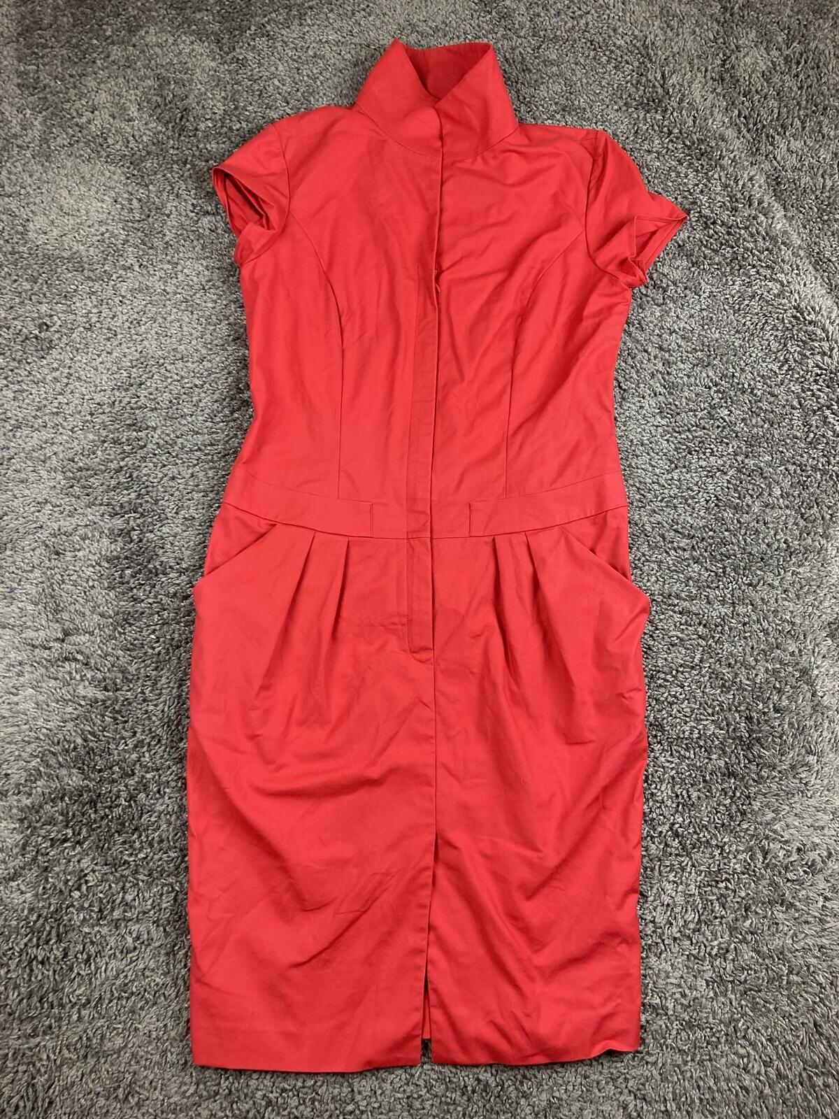 Lafayette 148 New York Red High Neck Zip Front Pocket Sheath Dress Cotton Sz 8
