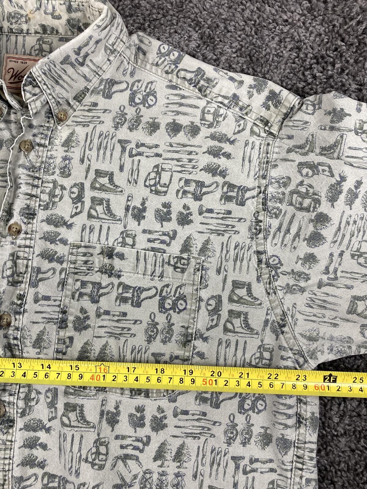 Vintage Woolrich Shirt Mens Made USA Cotton Camping Hiking Novelty Print Sz L