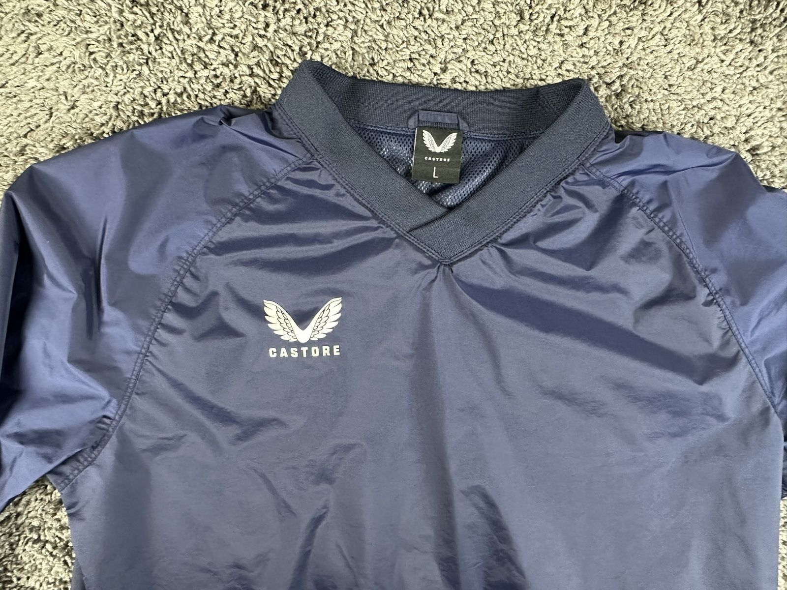 Castore Mens Large Navy Blue Long Sleeve V-Neck Windbreaker Pullover Mesh Lined