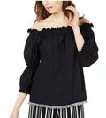 Trina Turk Womens XS Black Off-The-Shoulder Smocked Top Fringe Hem
