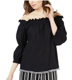 Trina Turk Womens XS Black Off-The-Shoulder Smocked Top Fringe Hem