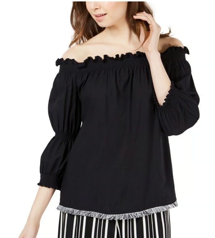 Trina Turk Womens XS Black Off-The-Shoulder Smocked Top Fringe Hem