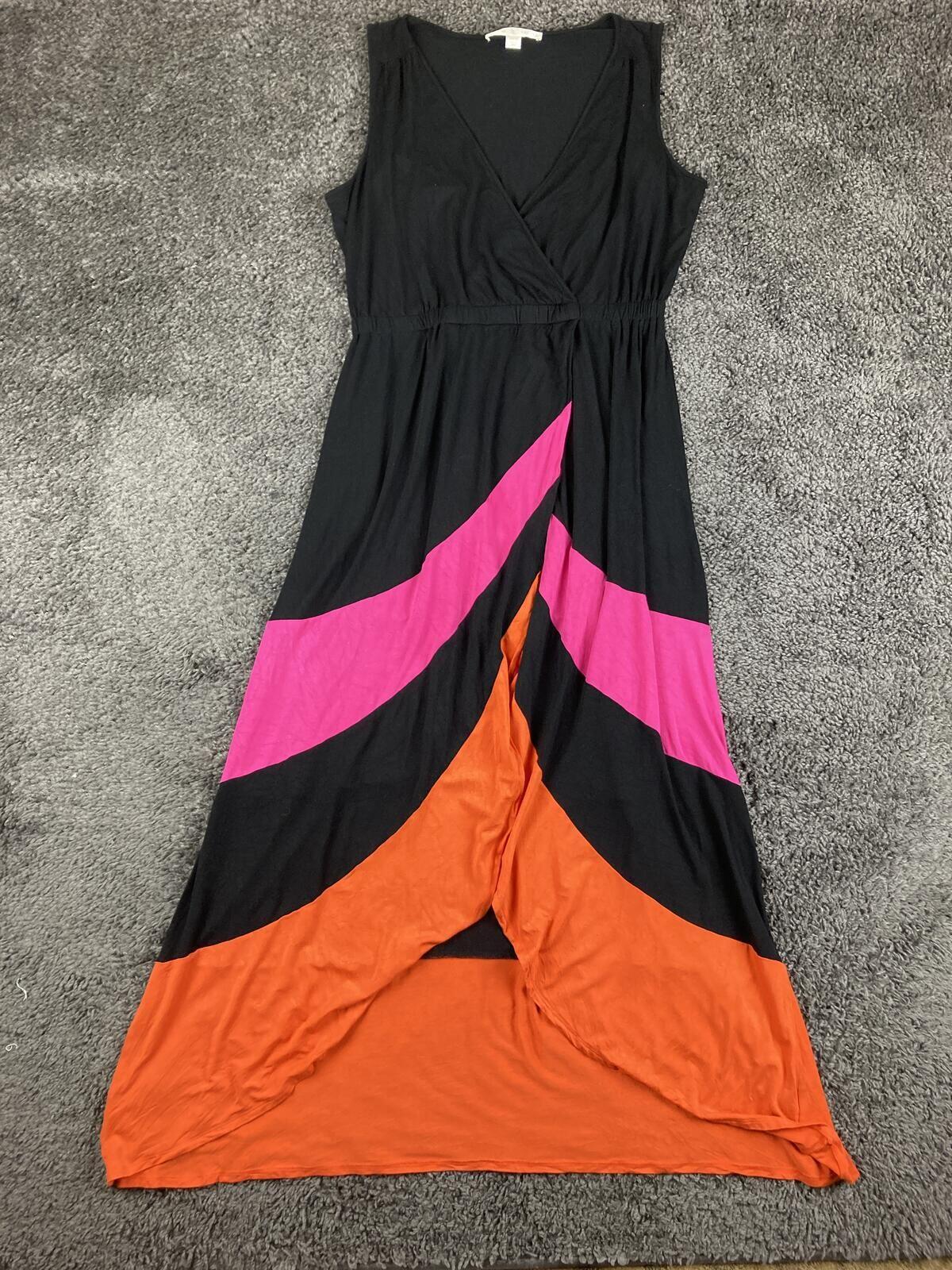 Boston Proper Colorblock High Low Maxi Dress Pink Orange Black Surplice V Size M
