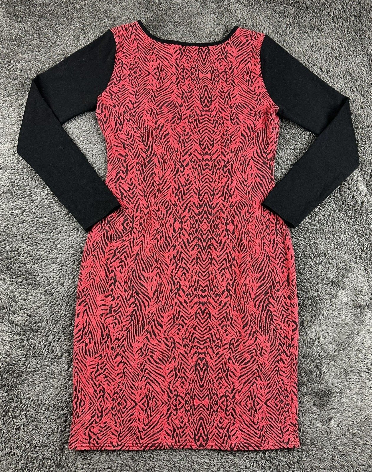 Nicole Miller Dress Red Black Zebra Animal Print Sheath Long Sleeve Knit Sv L