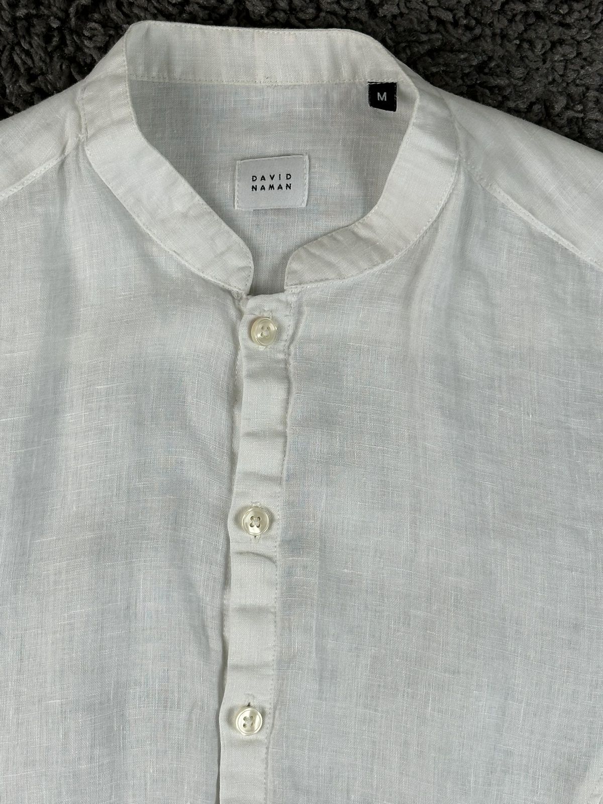 David Naman Mens M White 100% Linen Band Collar Mandarin Shirt Long Sleeve