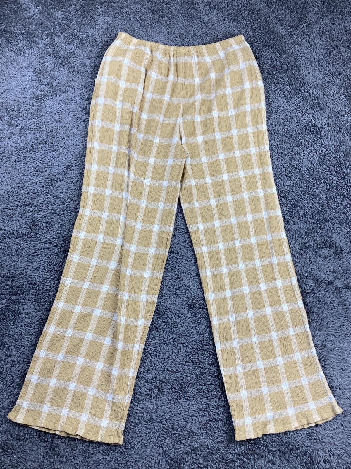Billabong Pants Plaid Women's Yellow White Beach Wide-Leg Pull-On Sz M