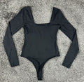 Zara Womens Bodysuit Black Medium Square Neck Long Sleeve Thong Stretch