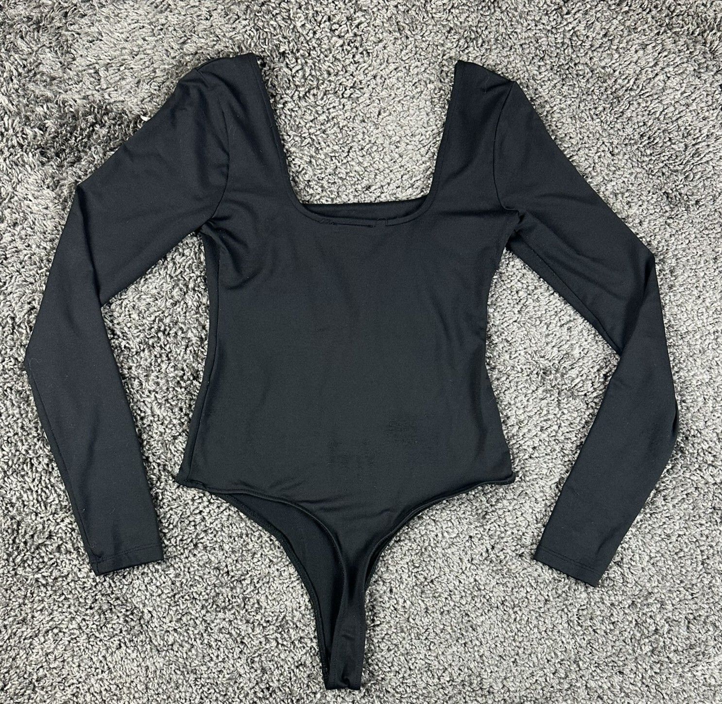 Zara Womens Bodysuit Black Medium Square Neck Long Sleeve Thong Stretch