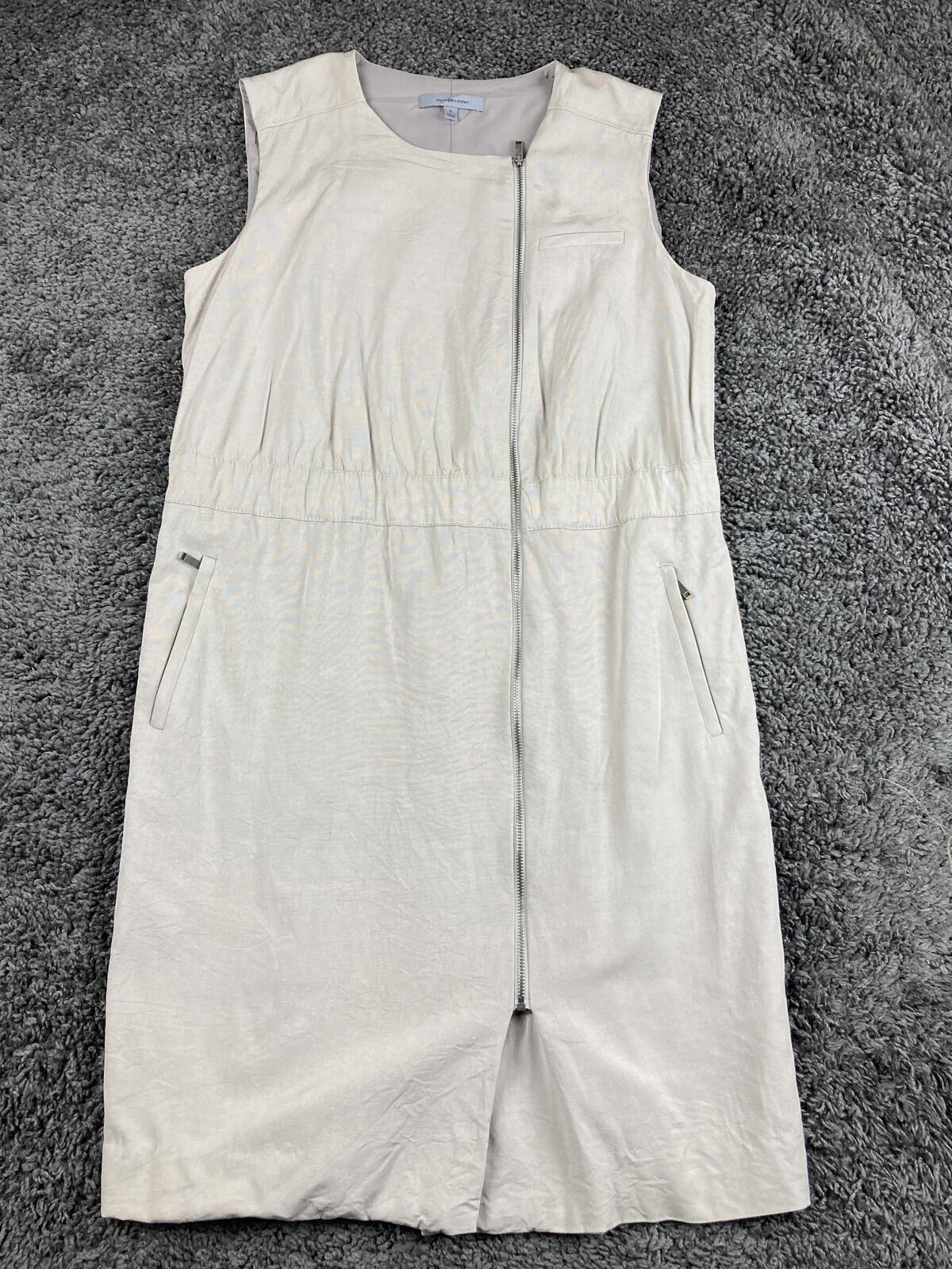 Classiques Entier Zipper Dress Beige Sleeveless Sheath Pockets Size 8
