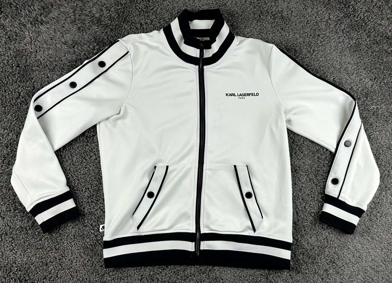 Karl Lagerfeld Paris Womens Small Track Jacket White Black Snap Sleeve Full Zip