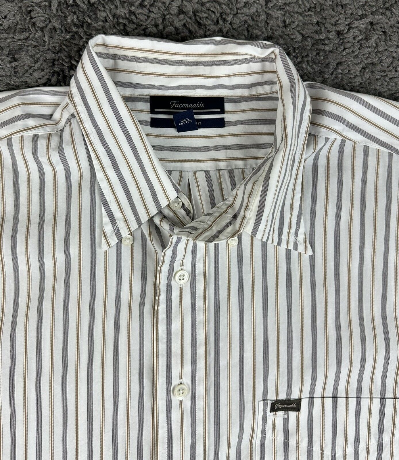 Faconnable Mens Striped Button Down Shirt White Gray Tan Size XL Relaxed Fit