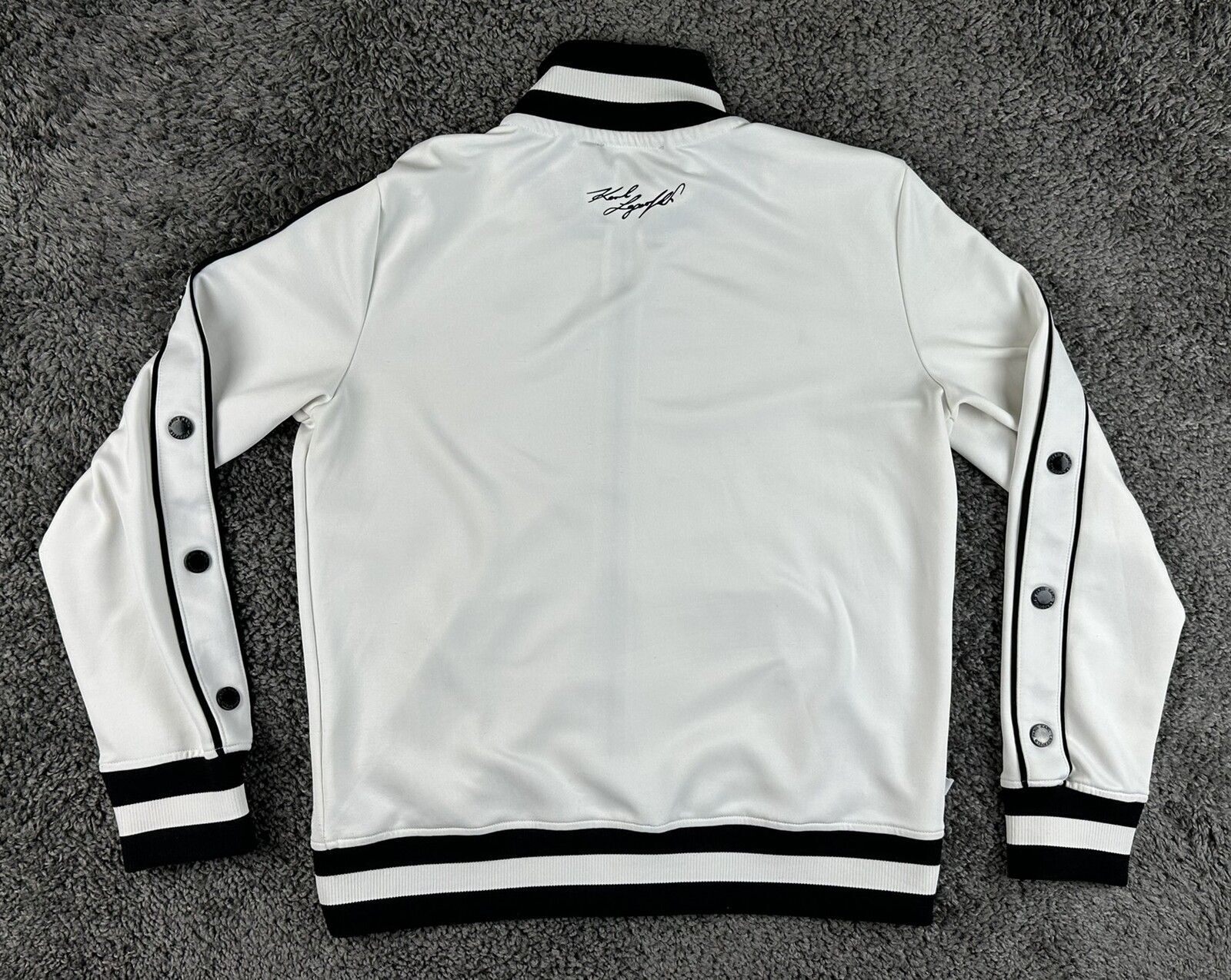 Karl Lagerfeld Paris Womens Small Track Jacket White Black Snap Sleeve Full Zip