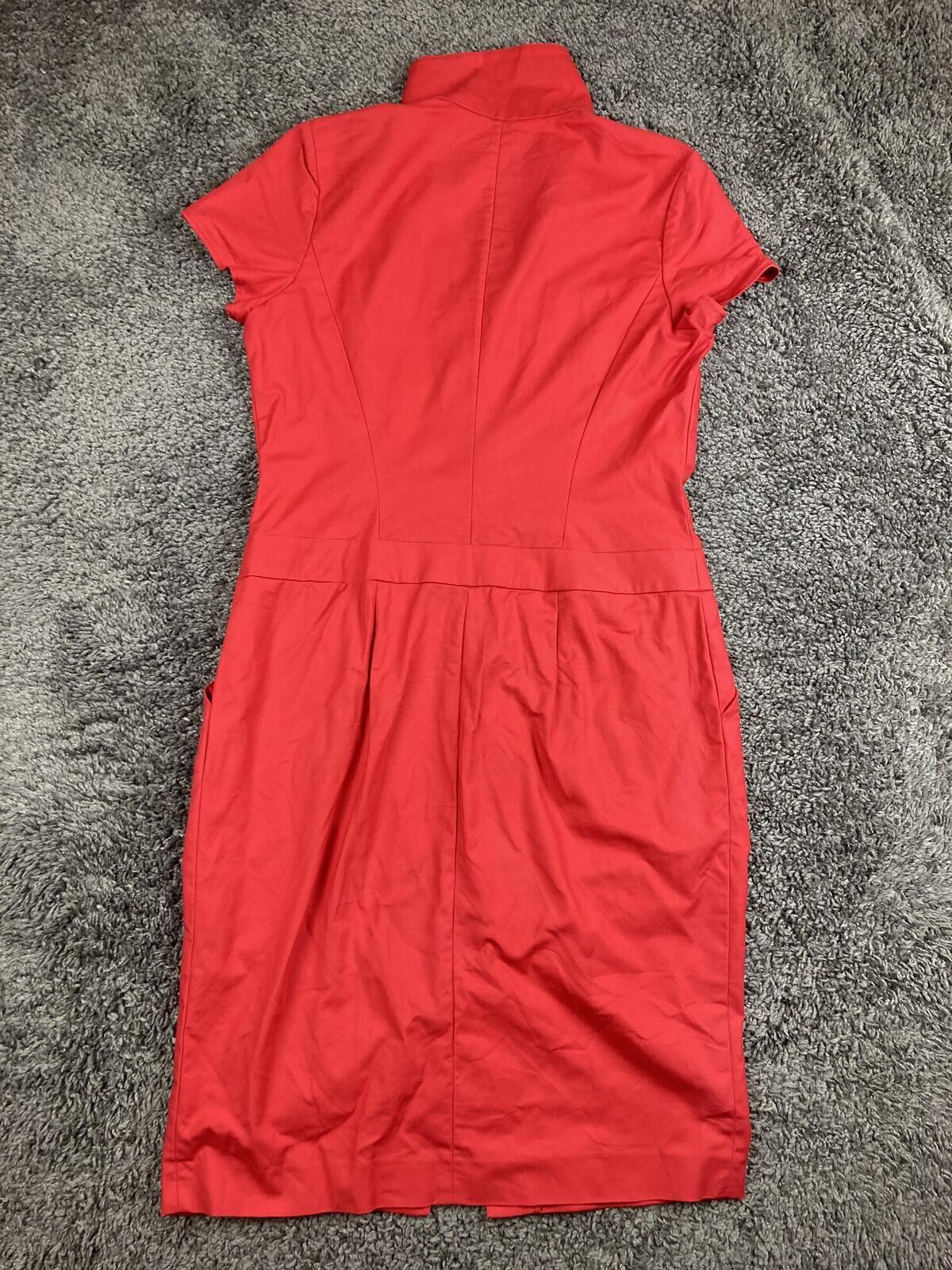 Lafayette 148 New York Red High Neck Zip Front Pocket Sheath Dress Cotton Sz 8