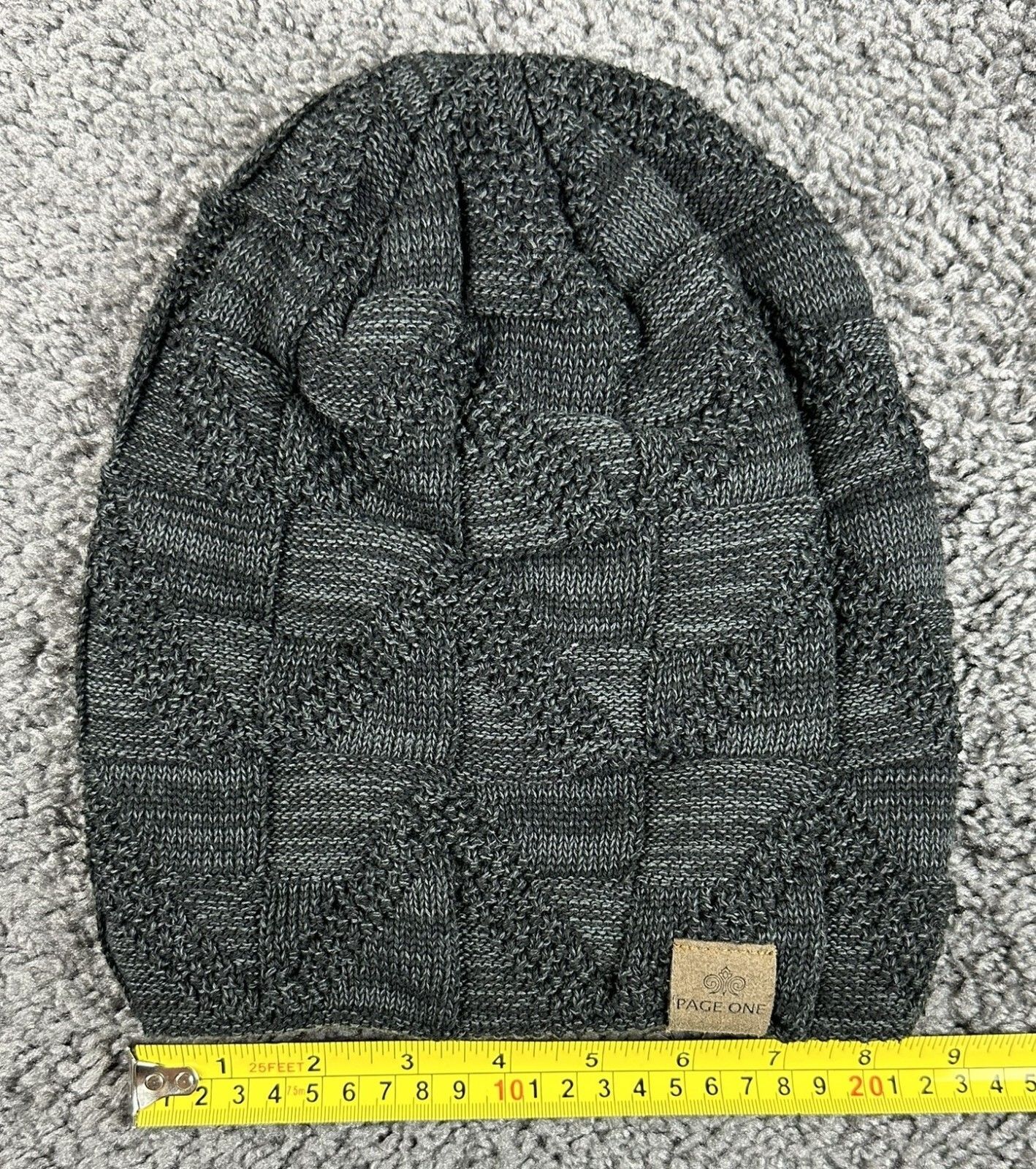 Page One Winter Beanie Hat Knit Basketweave Fleece Lined Charcoal Gray Unisex