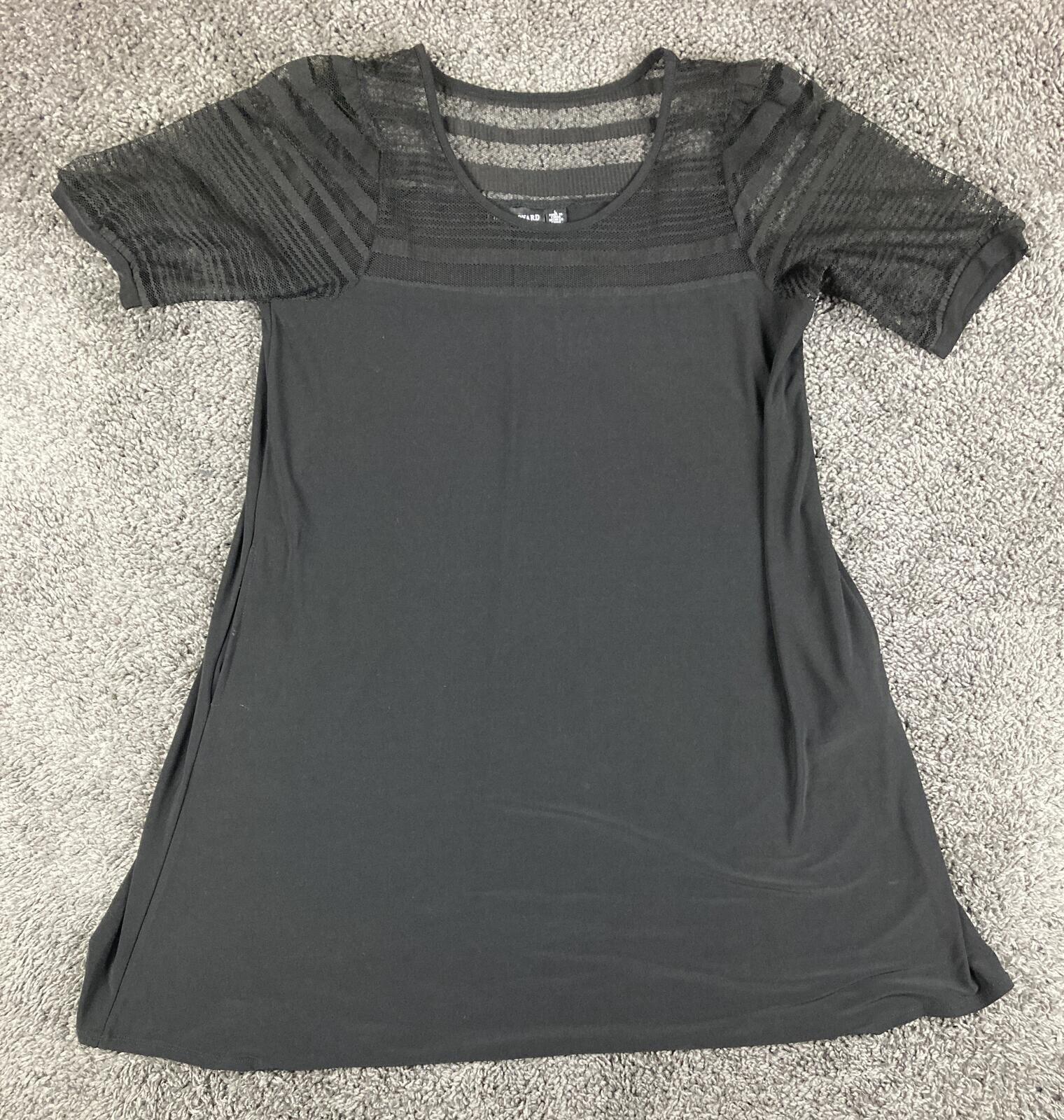 Nina Leonard Black Mesh Stripe Tunic Dress Women's Pockets Short Sleeve Sz L