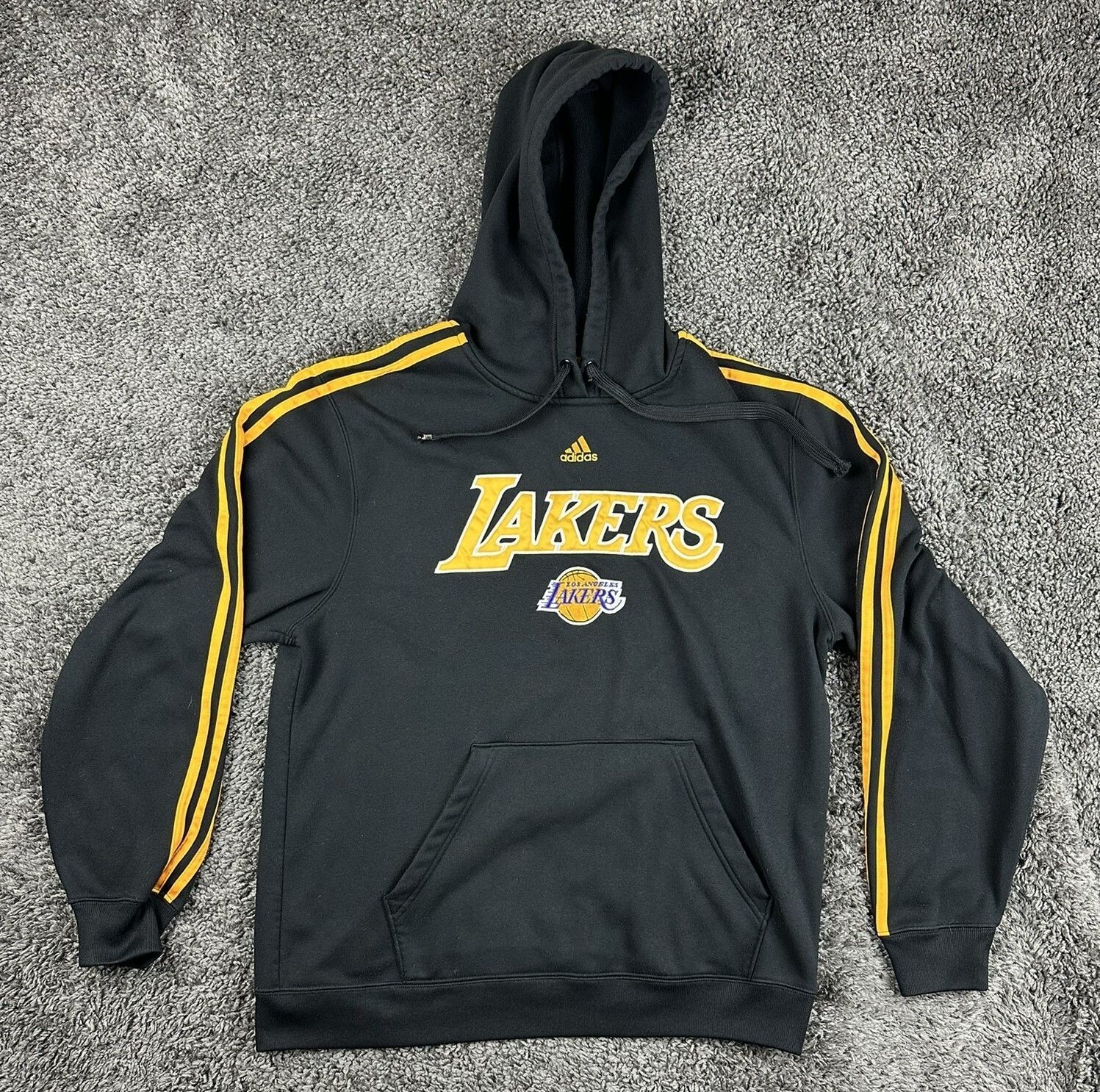 Adidas Los Angeles Lakers Hoodie Mens Black Gold 3 Stripes NBA Pullover Sz Large