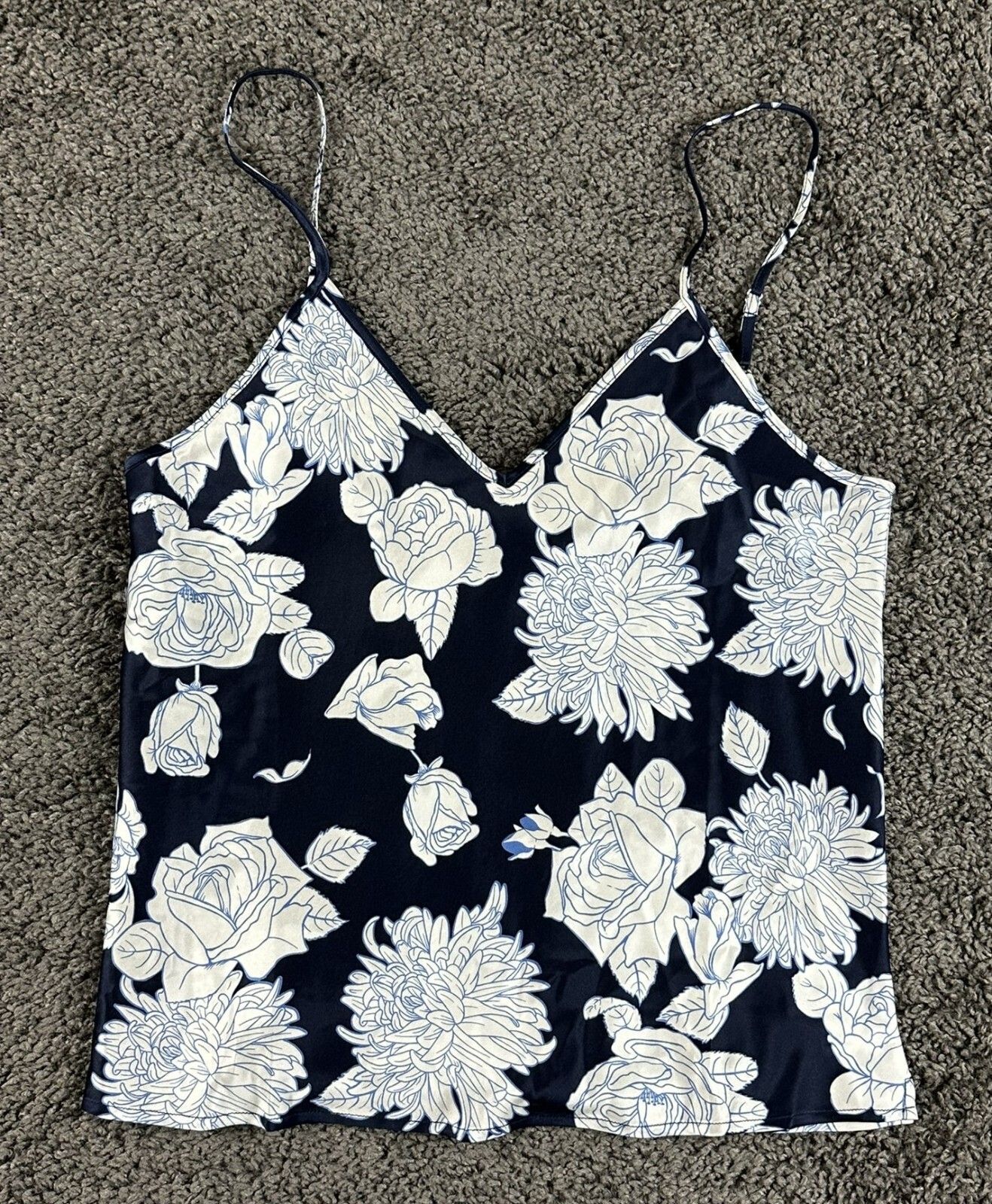 Petite Plume Silk Cami Top Women Navy Floral 100% Mulberry Silk Sz M NWT