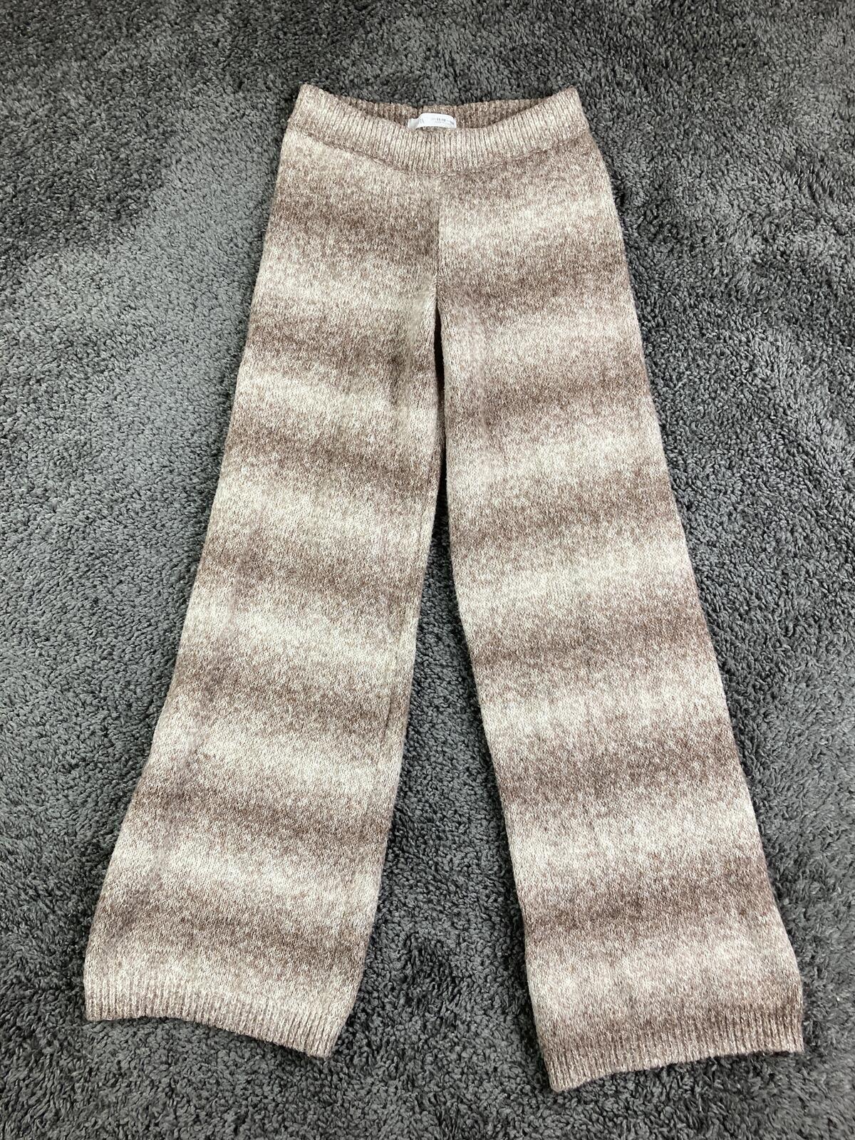 Zara Knit Pants Girls Brown Beige Striped Wide Leg Pull On  Size 11-12