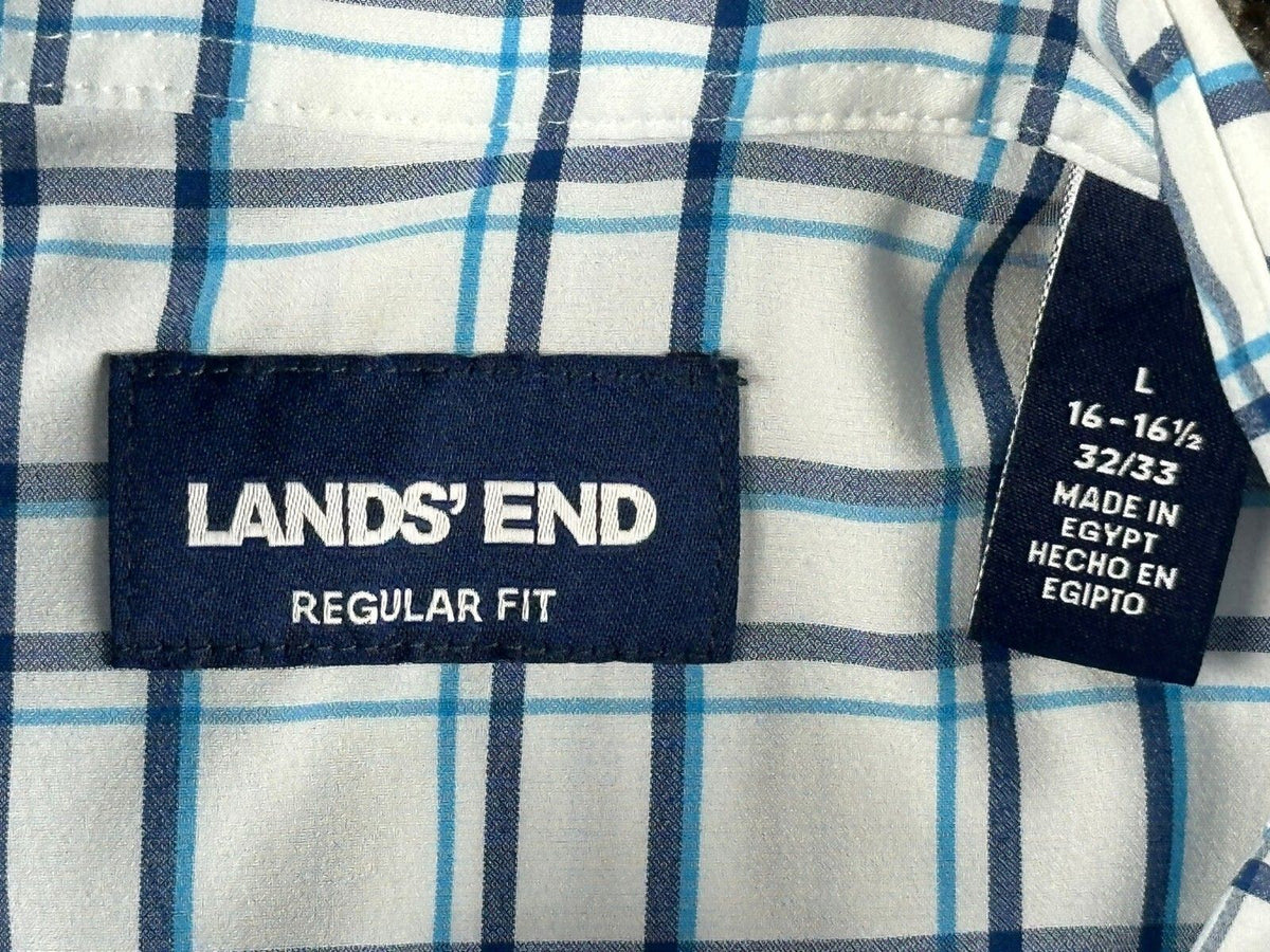Lands End Mens Large 16-16.5 L Stretch Plaid Button Down Shirt Blue Check Egypt