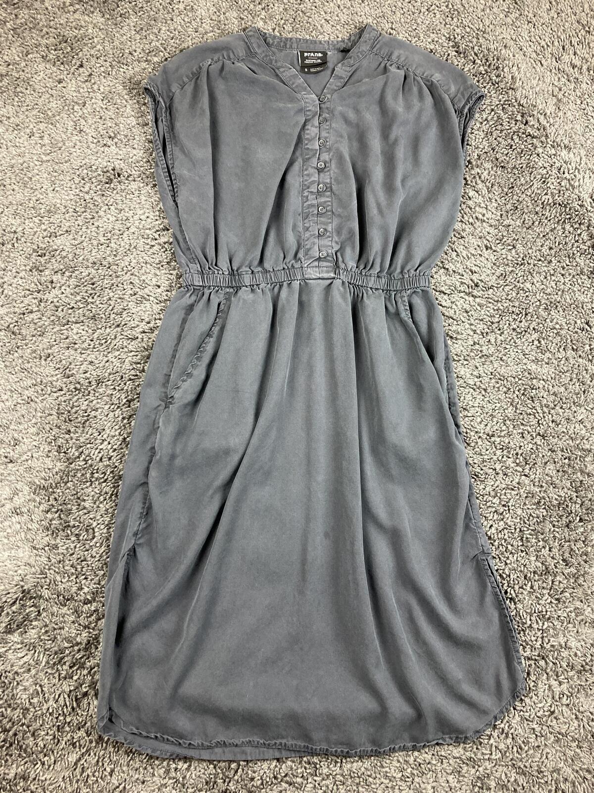 prAna Dress Women's Gray Sleeveless Tencel Lyocell Button V Neck Pockets Sz S