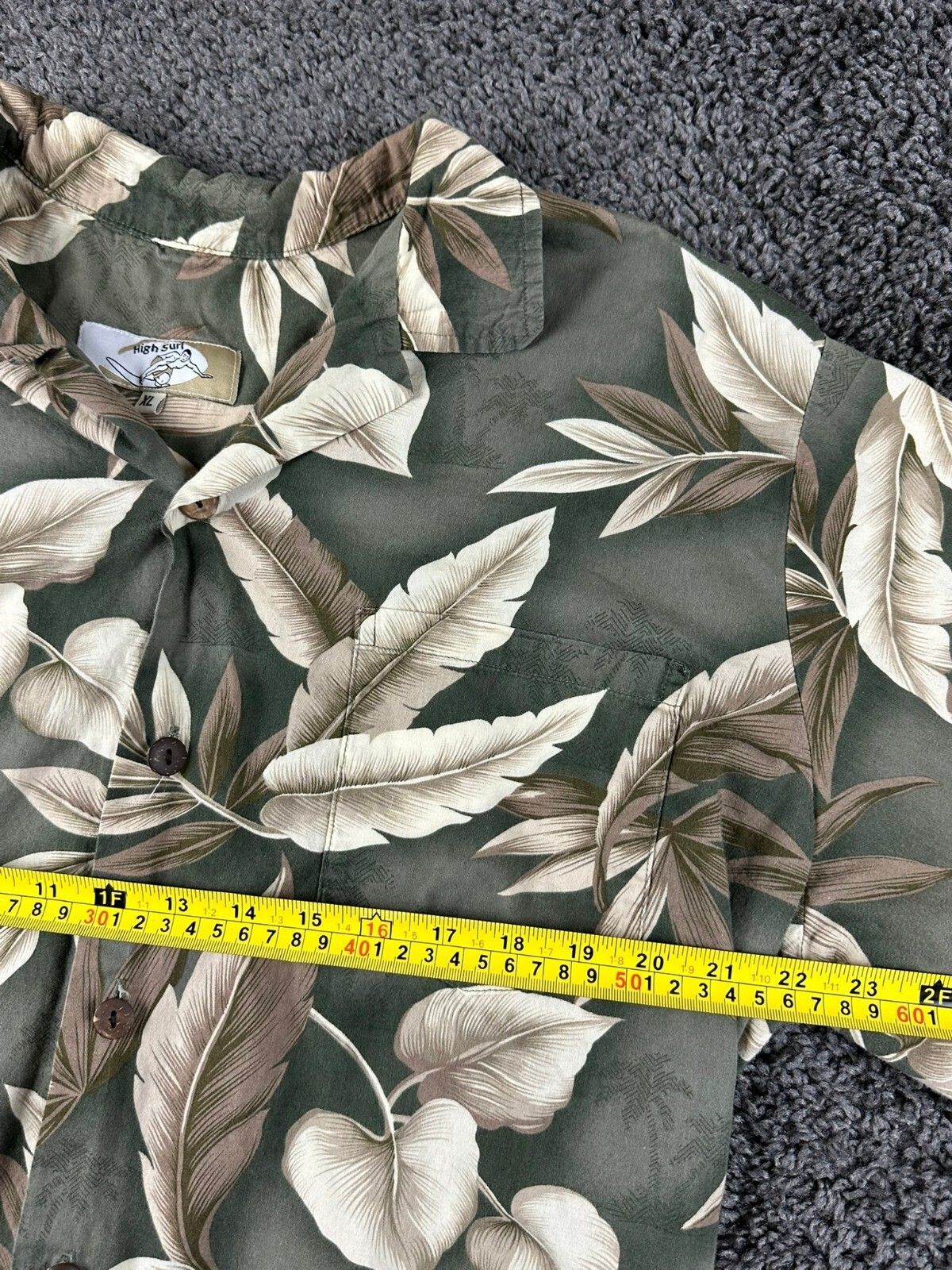 High Surf Mens Hawaiian Shirt Cotton Short Sleeve Olive Green Tropical Leaf XL
