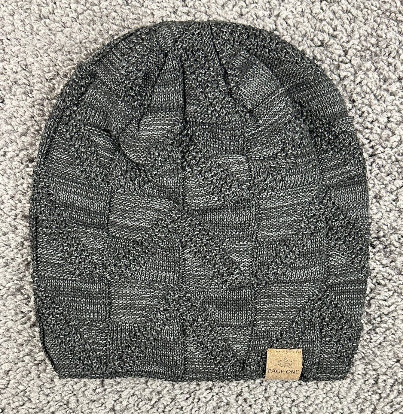 Page One Winter Beanie Hat Knit Basketweave Fleece Lined Charcoal Gray Unisex