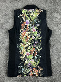 Mural Womens M Sleeveless Blazer Vest Black Botanical Floral Shawl Collar Open