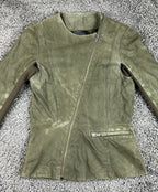 VEDA Leather Jacket Women Olive Green Asymmetrical Moto Wool Knit Silk Sz M