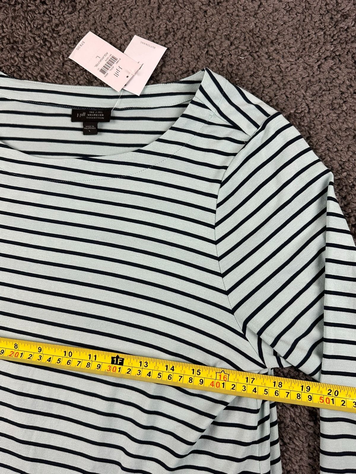 J.Jill Wearever Striped Top Womens Large Aqua Navy Button Cuff 3/4 Sleeve NWT