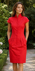 Lafayette 148 New York Red High Neck Zip Front Pocket Sheath Dress Cotton Sz 8