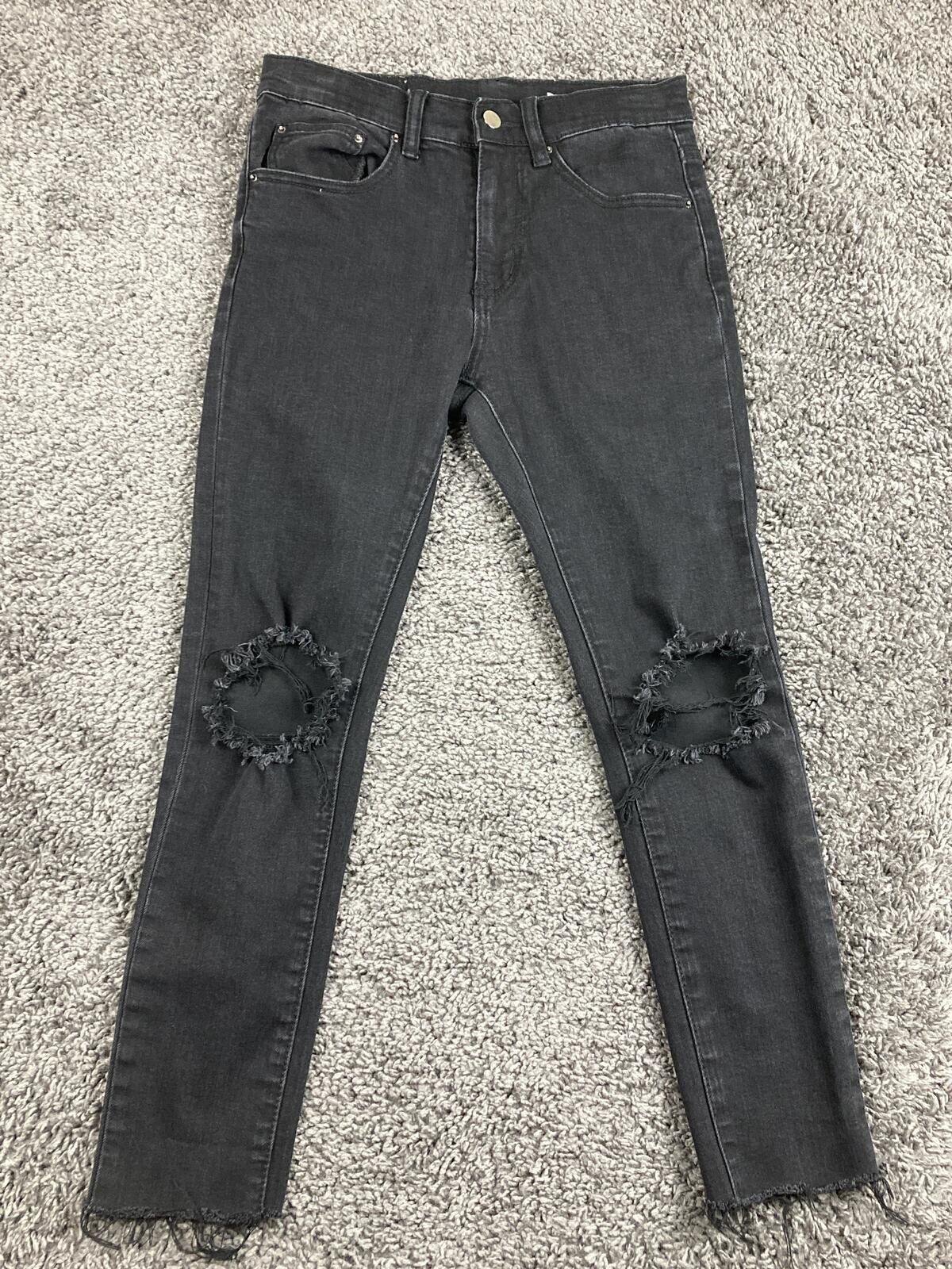 MNML Men Black Distressed Skinny Jeans Raw Hem Stretch Denim Size 28