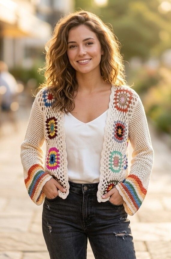 Fashion Nova Womens Crochet Cardigan Large Cream Granny Square Boho Open Knit
