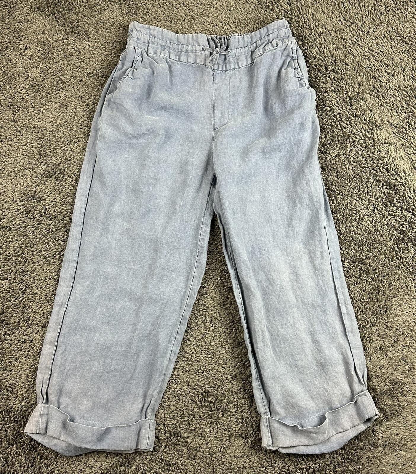 Cynthia Rowley 100% Linen Pants Women Blue Crop Wide Leg Elastic Waist Sz M