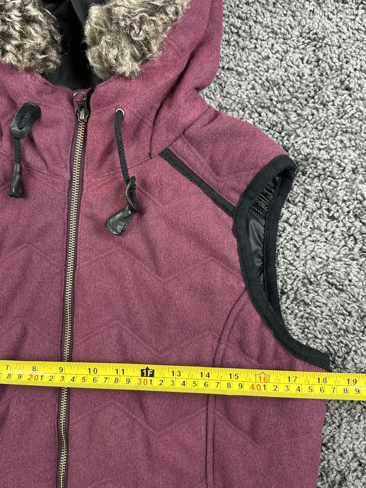 prAna Calla Wool Hooded Vest Womens Burgundy Quilted Faux Fur Trim Full Zip Sz M