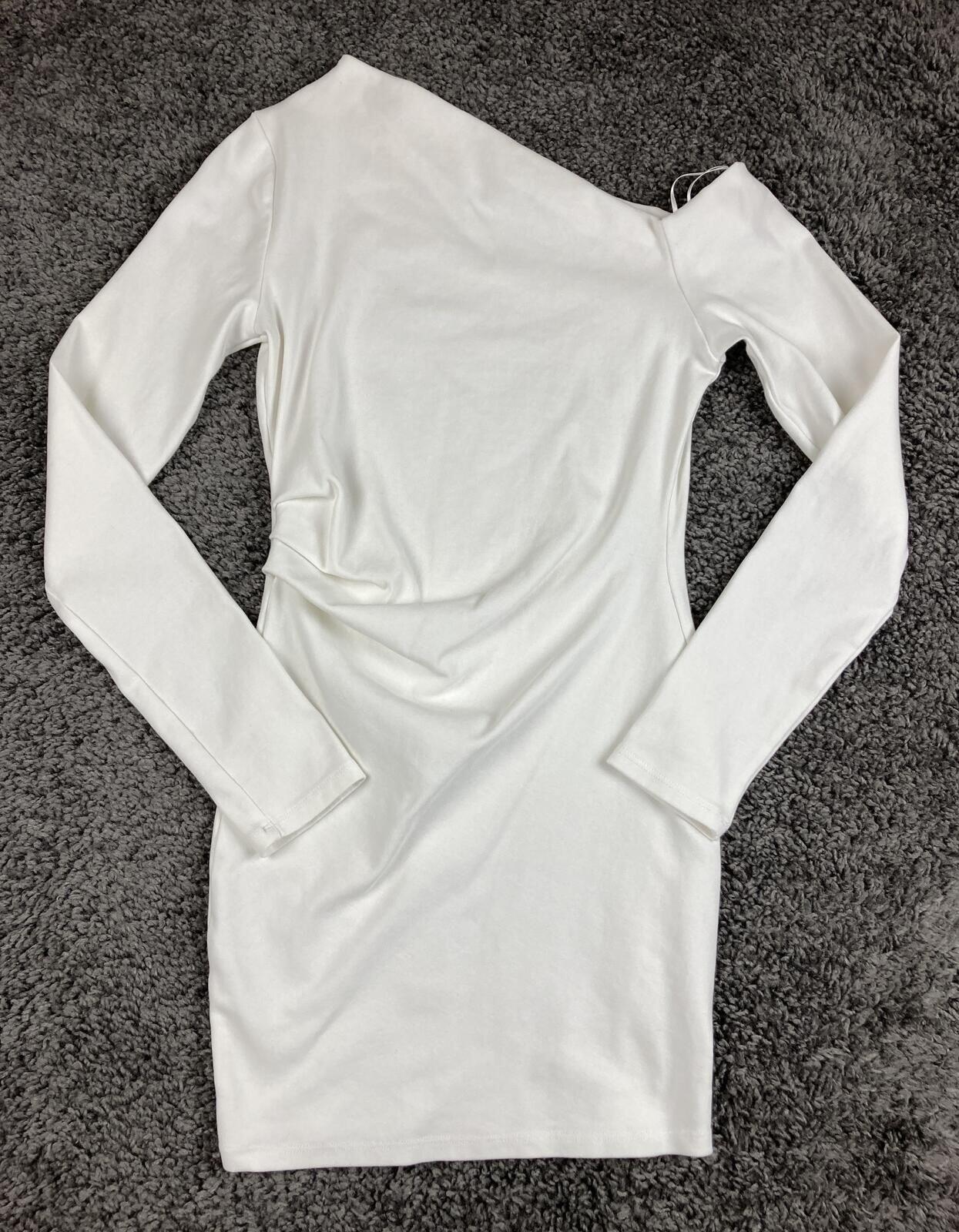 Zara White One Shoulder Mini Dress Long Sleeve Draped Gathered Party Sexy Size M