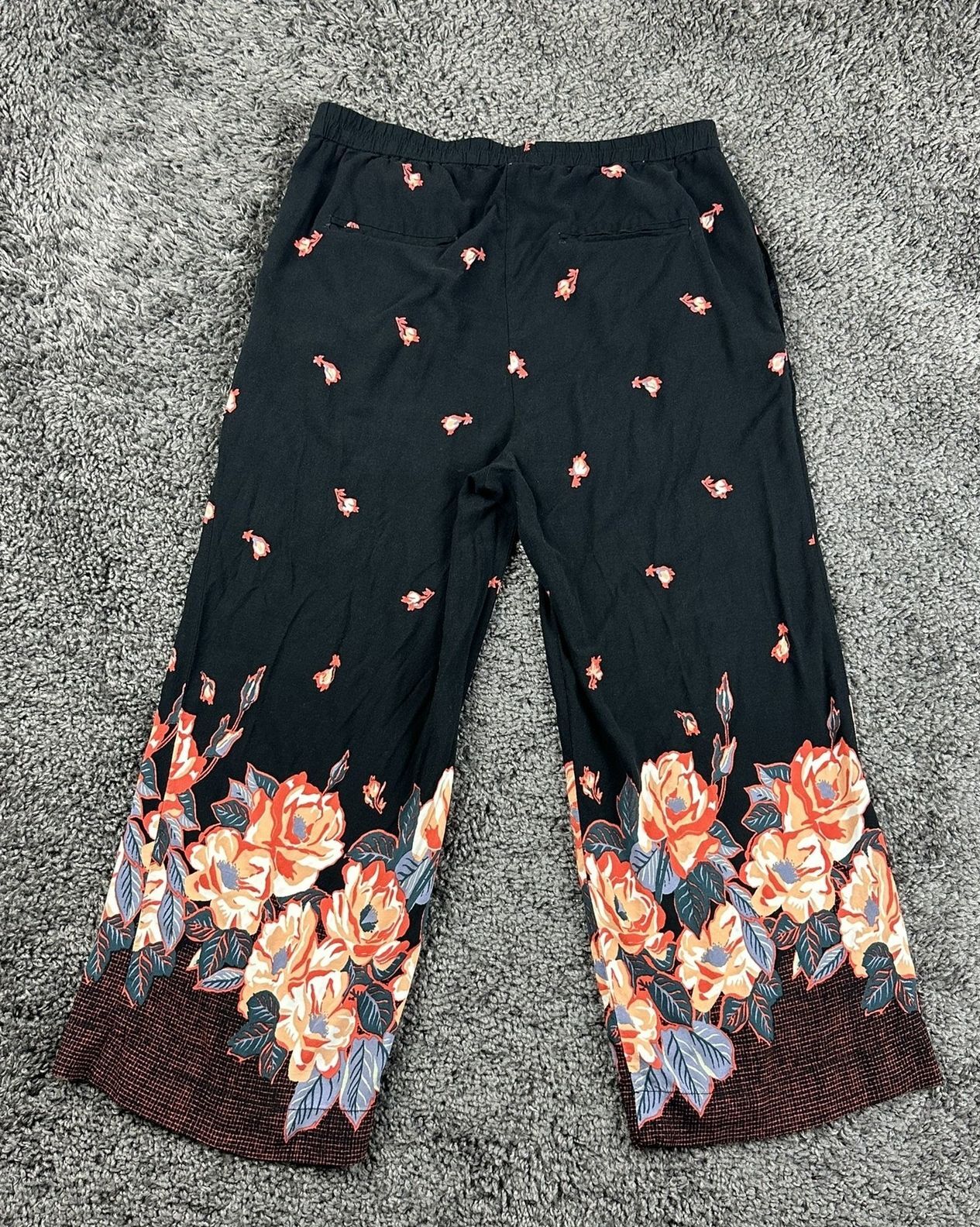 Ett:Twa by Anthropologie Womens Floral Wide Leg Pants Small Petite Black Cropped