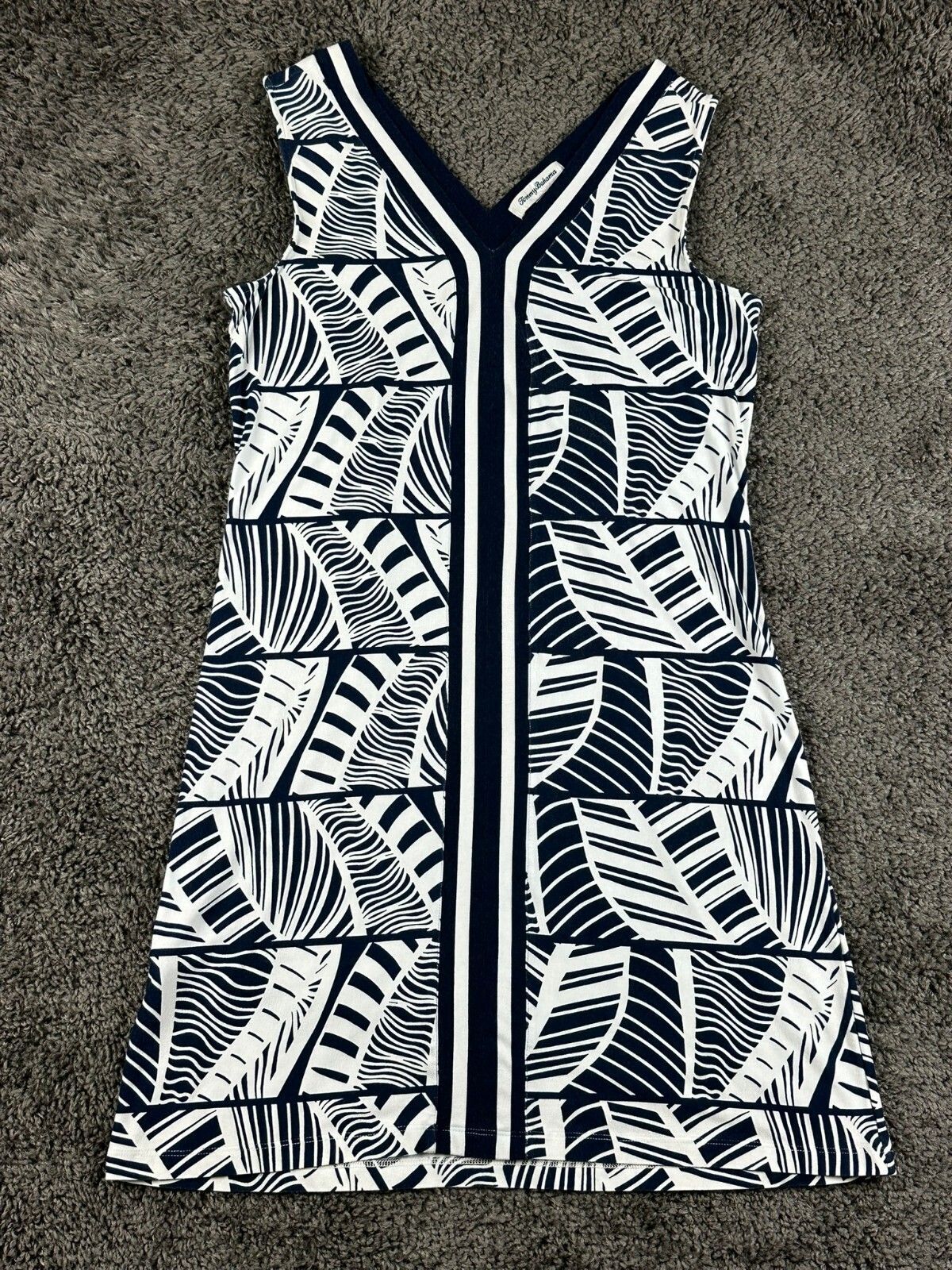 Tommy Bahama Leaf Line Tambour V-Neck Shift Dress M Blue White Tropical Stretch