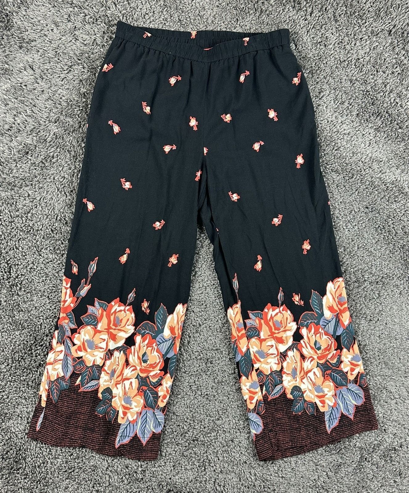 Ett:Twa by Anthropologie Womens Floral Wide Leg Pants Small Petite Black Cropped