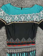 Cache Dress Womens XS Sheath Teal Black Geometric Print Long Sleeve Midi Dress