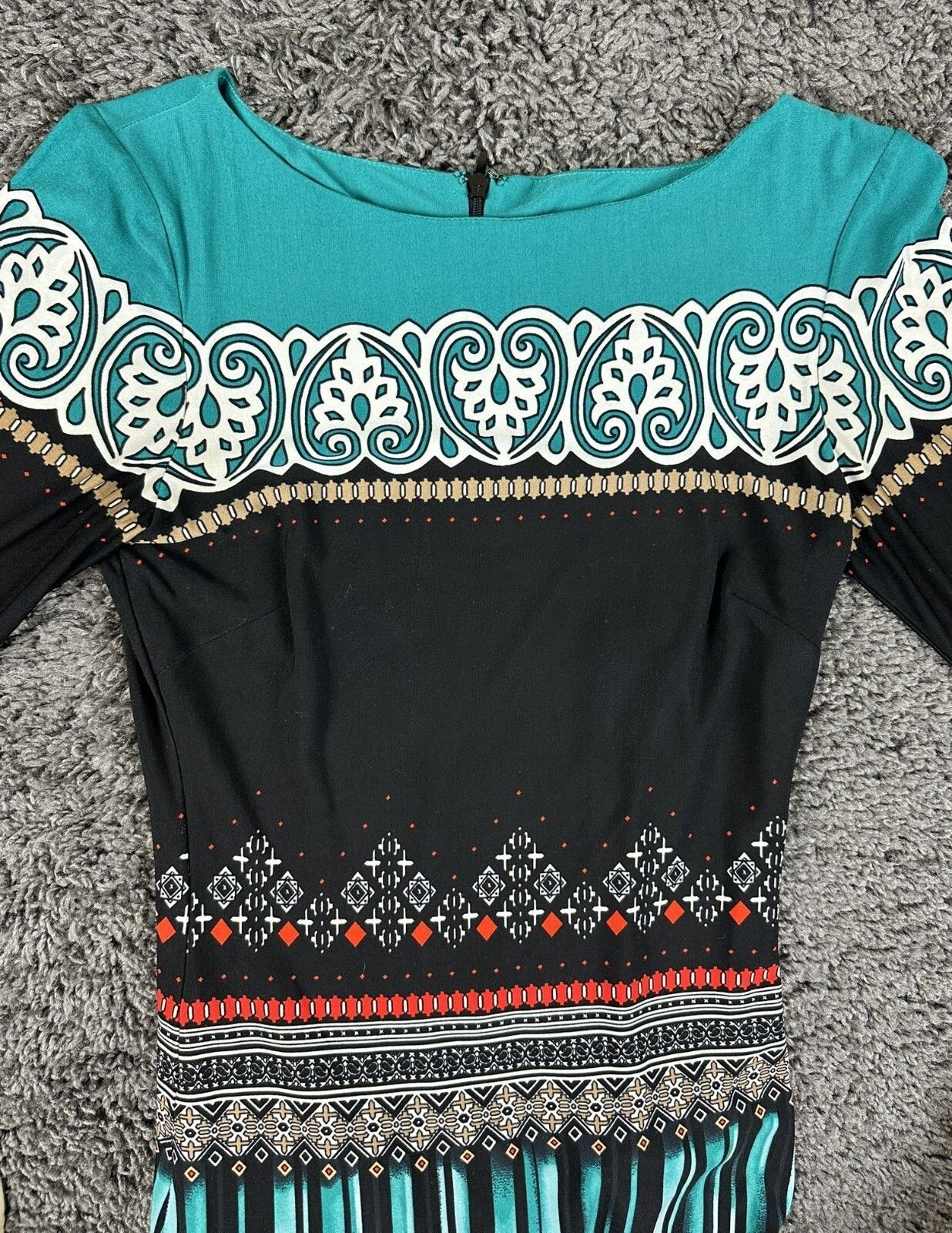 Cache Dress Womens XS Sheath Teal Black Geometric Print Long Sleeve Midi Dress