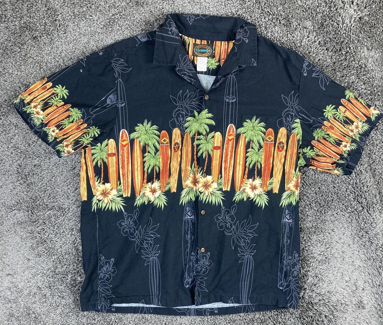 Hawaiian Reserve Collection Mens Black Surfboard Palm Tree Aloha Camp Shirt XL