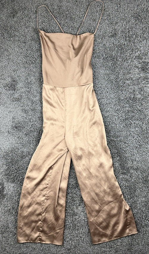 Abercrombie & Fitch Womens M Taupe Satin Wide Leg Jumpsuit Cami Open Back