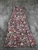 Steve Madden Floral Smocked Maxi Dress S Burgundy Boho Tiered Strappy Sun Dress