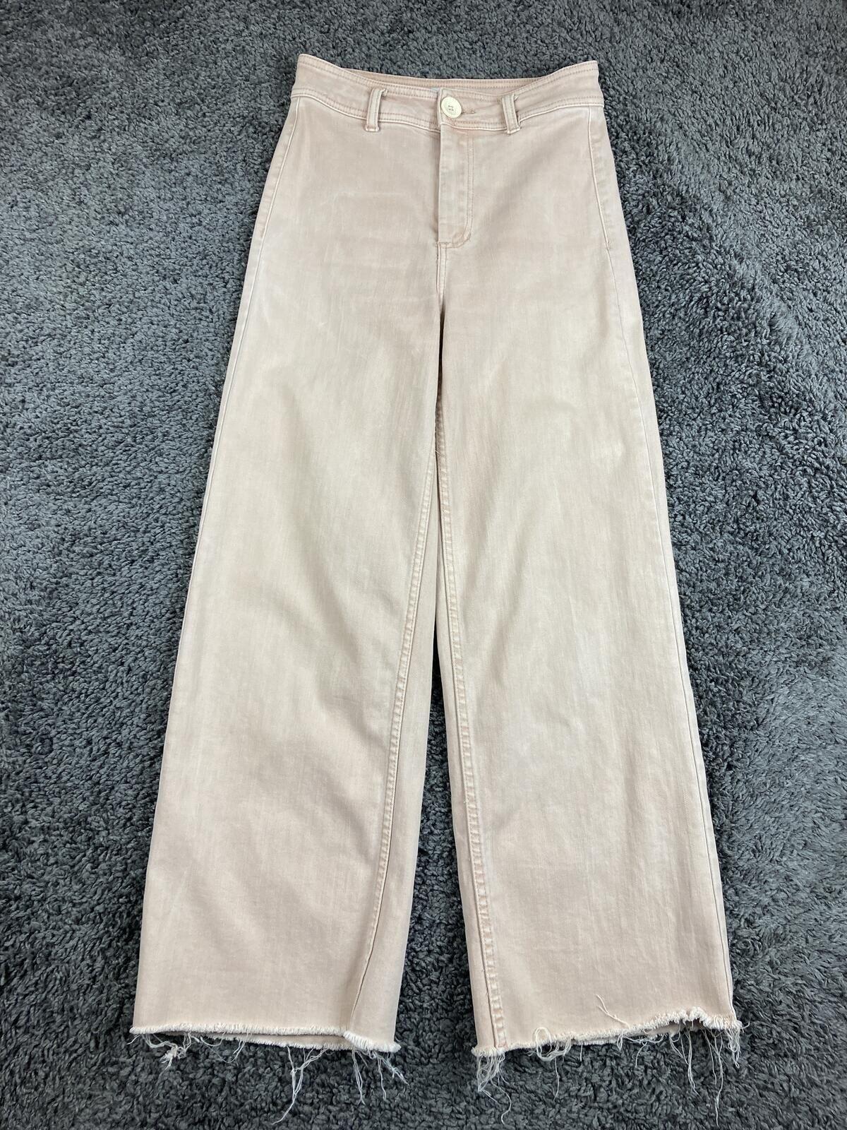 OAT New York Wide Leg Pants Womens Beige High Rise Raw Hem Stretch Denim Sz 26