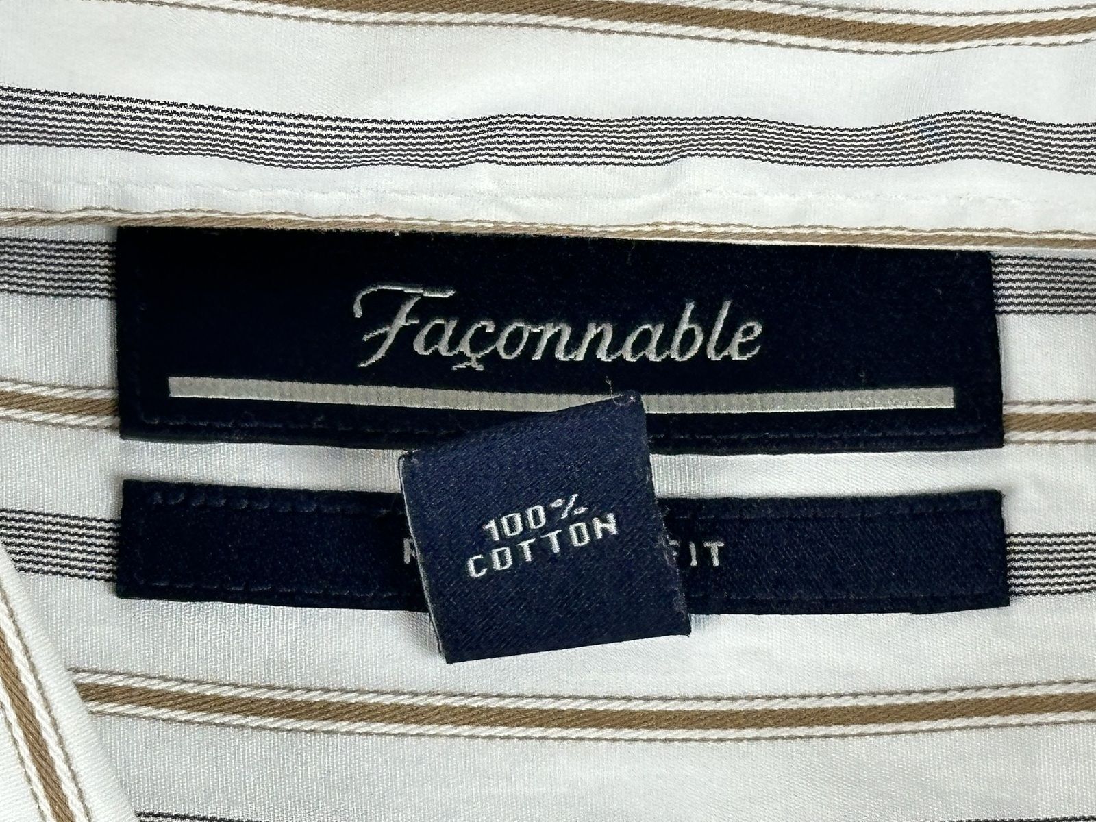 Faconnable Mens Striped Button Down Shirt White Gray Tan Size XL Relaxed Fit