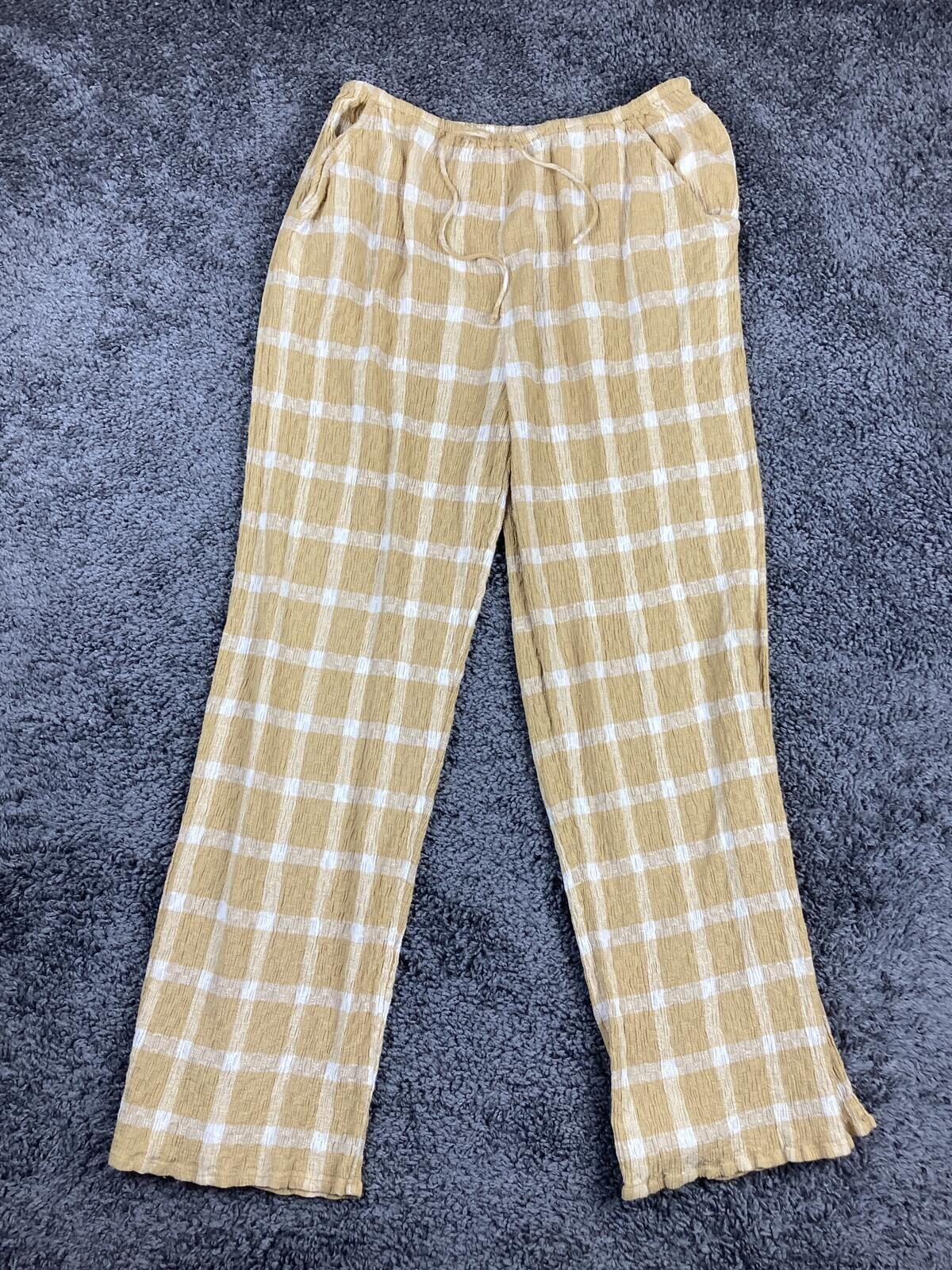 Billabong Pants Plaid Women's Yellow White Beach Wide-Leg Pull-On Sz M