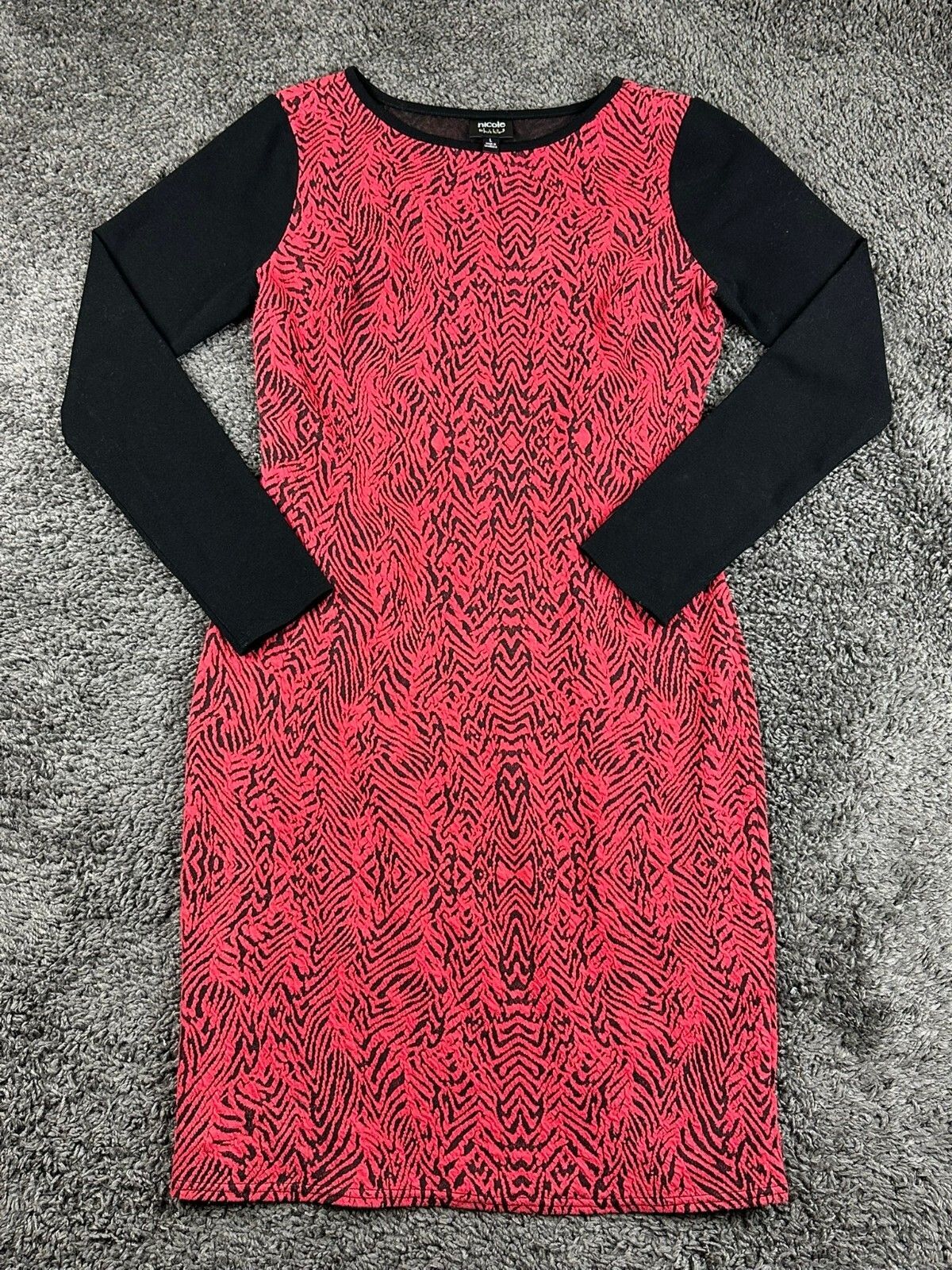 Nicole Miller Dress Red Black Zebra Animal Print Sheath Long Sleeve Knit Sv L