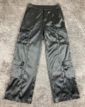 Forever 21 Black Satin Cargo Pants Womens Wide Leg High Rise Pleated Utility M